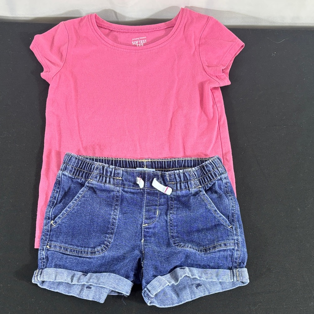 jumping beans Hot Pink Tee and Denim Roll-Cuff Shorts Set